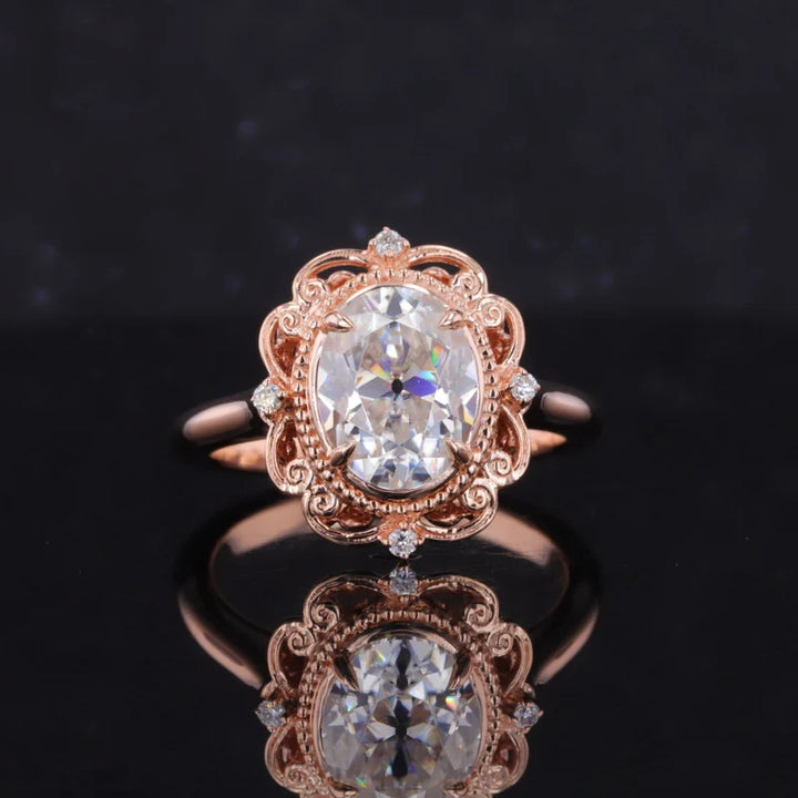 7*9mm Old Mine Oval Cut Moissanite Vintage Ring in 14K Solid Rose Gold