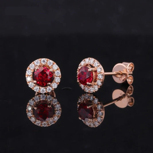 4.5mm (0.5ct each, 1ct total) Blood Red Round Cut Red Ruby Halo Moissanite Earring in 14K Solid Rose Gold