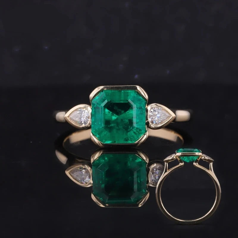 8*8mm Asscher Cut Zambian Emerald & Pear Cut Moissanite Slide-Stone Ring in 10K Yellow Gold