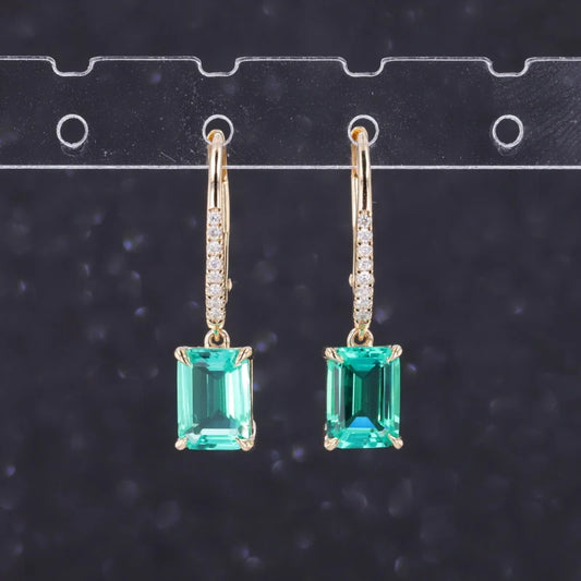 5*7mm Emerald Dangle Earrings with Diamonds in 10K Solid Yellow Gold