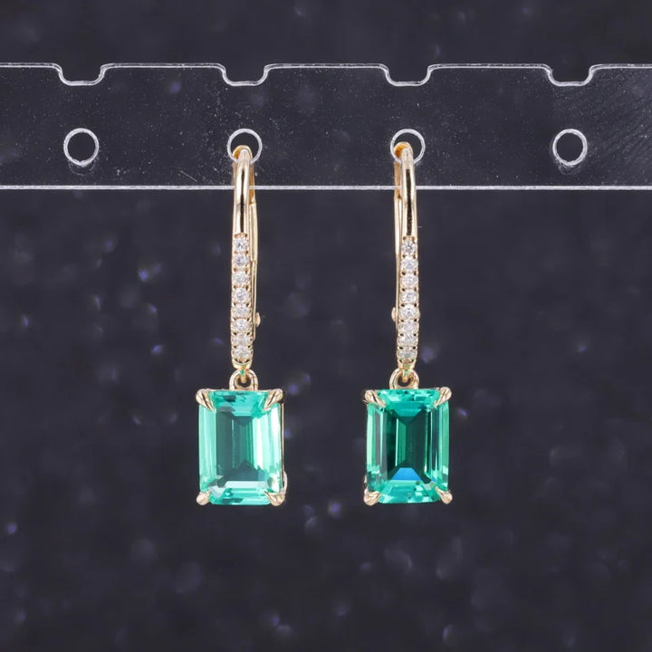 5x7mm, 1.00ct Each Lab-Grown Colombian Emerald Dangle Earrings with Diamonds in 10K Yellow Gold