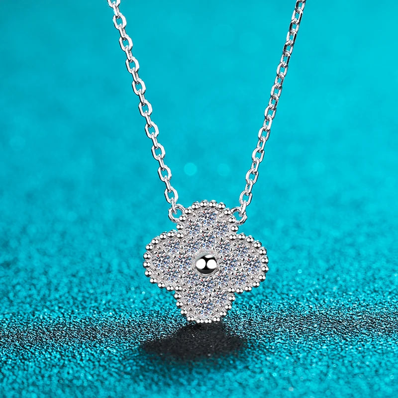 Small Clover Moissanite Pendant Necklace in 18k White Gold Plated 925 silver