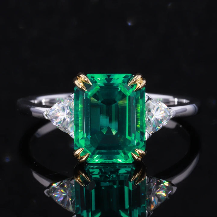 8x10mm, 3.00ct Lab-Grown Colombian Emerald with Moissanites Three-Stone Ring in 18K White Gold
