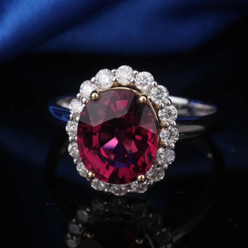 Oval lab ruby diamond halo ring, view 4