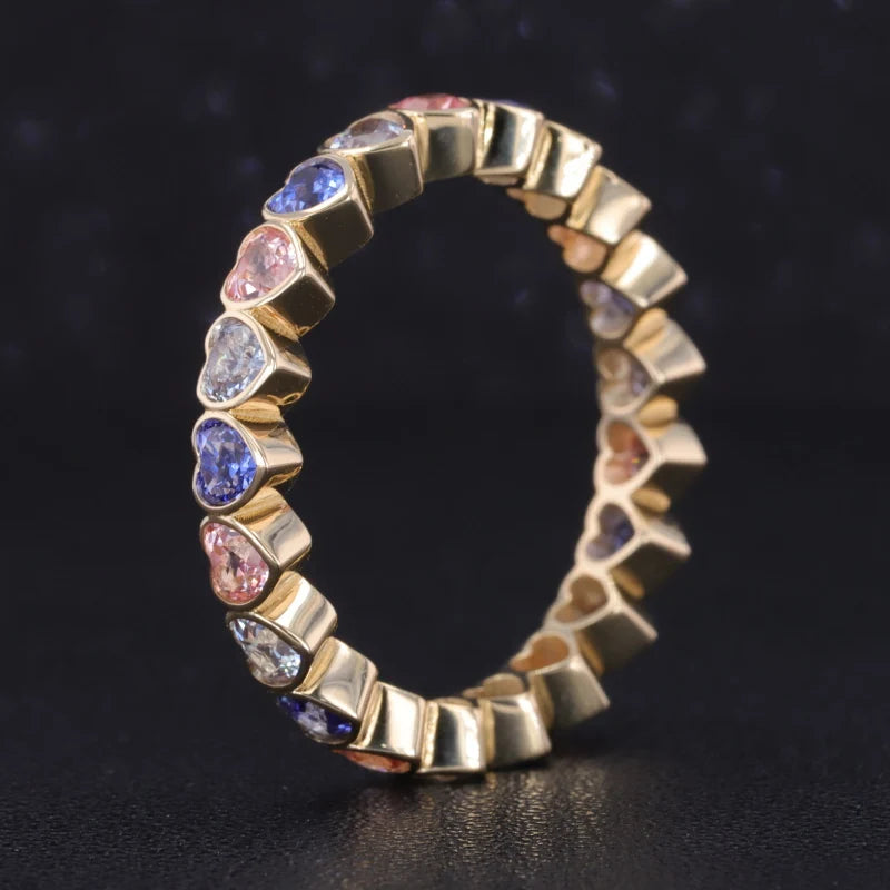 3.3mm Heart Cut Blue/Pink Sapphire/Alexandrite Eternity Ring in 10K Solid Yellow Gold