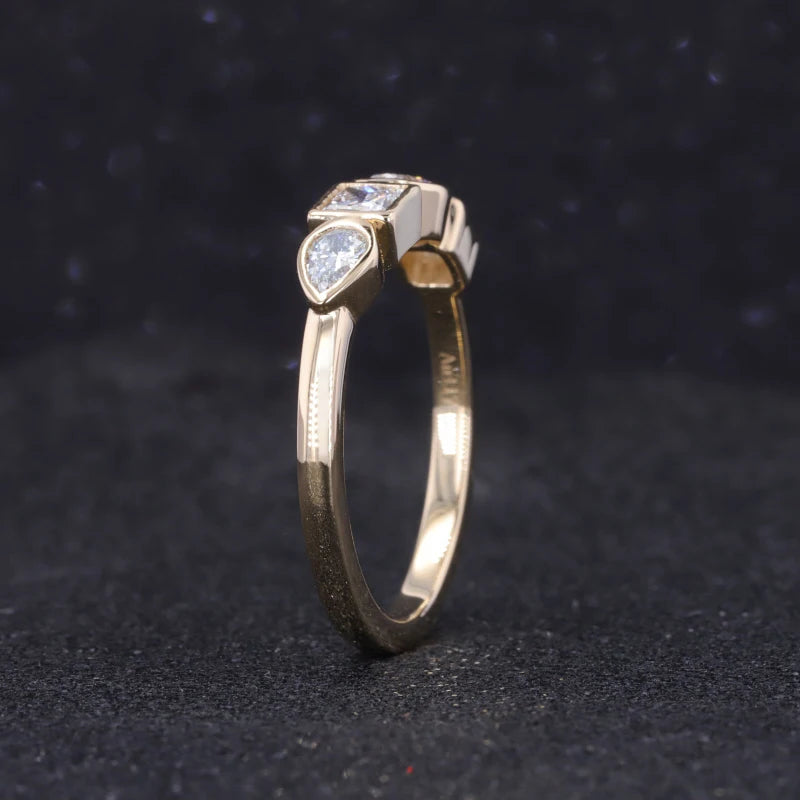 Four Stone (Pear, Princess, Oval, Emerald Cut) Moissanite Ring in 10K Solid Yellow Gold