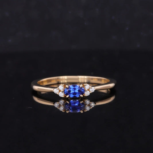 3*5mm Oval Cut Blue Sapphire Ring with Round Moissanite in 14K Solid Yellow Gold