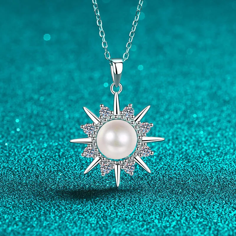 8mm Pearl and Moissanite Sunflower Pendant Necklace in Platinum Plated 925 Silver