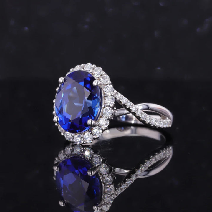 8x10mm, 4.00ct Oval Lab-Grown Blue Sapphire with Diamond Halo Ring/Twisted Band in 14K White Gold