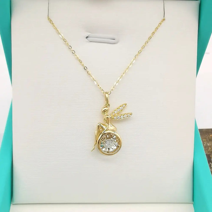 Fairy Pendant Necklace with 0.05ct Dancing Diamond in 18K Solid Yellow Gold