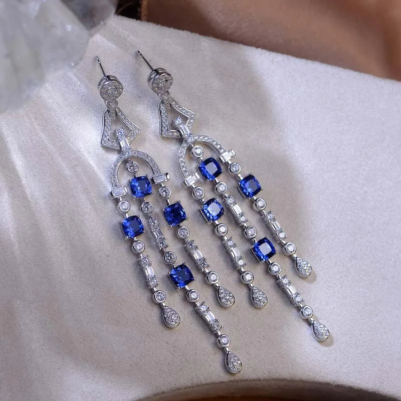 Blue and White Sapphire Drop Tassel Dangle Earrings in Platinum-Plated 925 Sterling Silver