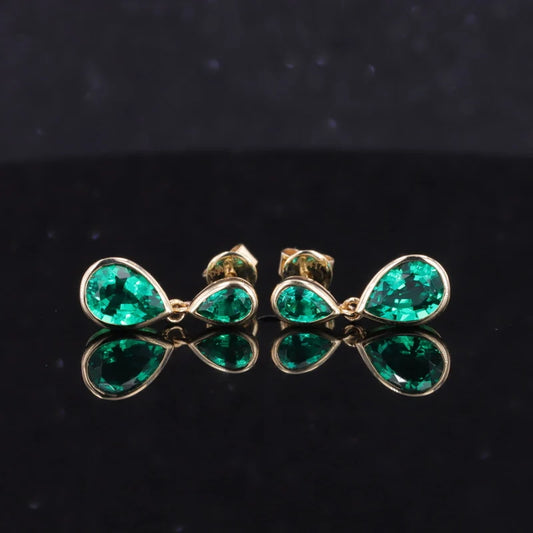 Columbia Green Pear Cut Emerald Earrings in 10K Solid Yellow Gold