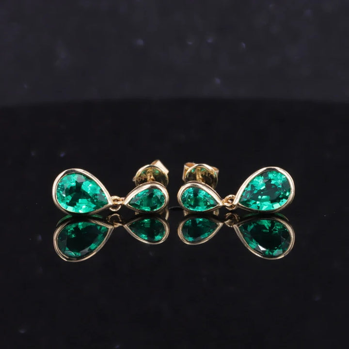 3x5mm and 1.5x3mm, 2.00ctw Pear Lab-Grown Colombian Emerald Dangle Earrings in 14K Yellow Gold