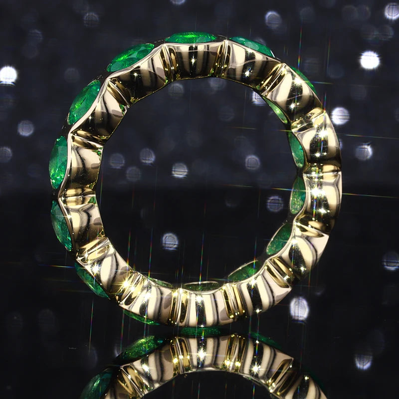 3mm, 1.50ctw Round Lab-Grown Colombian Emerald Bezel-Set Eternity Band Ring in 14K Yellow Gold