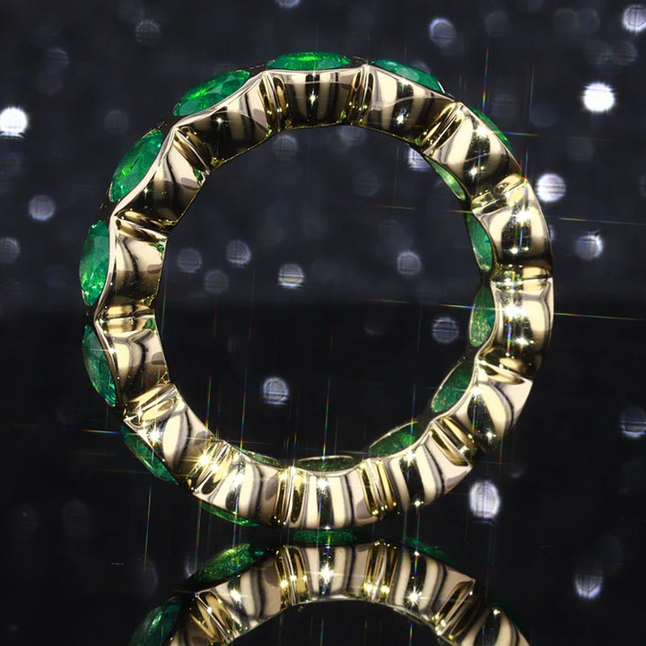 3mm, 1.50ctw Round Lab-Grown Colombian Emerald Bezel-Set Eternity Band Ring in 14K Yellow Gold
