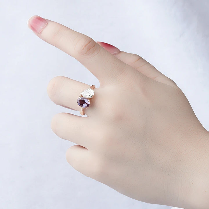 6*8mm Cushion Cut Alexandrite and 6*8mm Pear Cut Moissanite Toi Et Moi Ring in Solid 10K Yellow Gold
