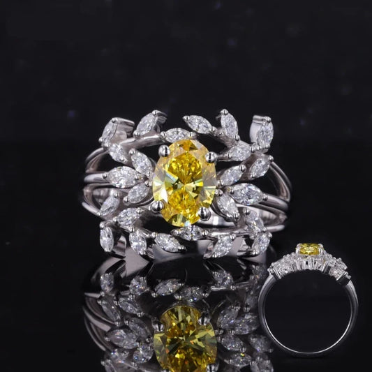 1.31ct Oval Dancy Vivid Yellow Oval Cut Diamond Leaf Patterned Diamonds Ring in 14K Solid White Gold