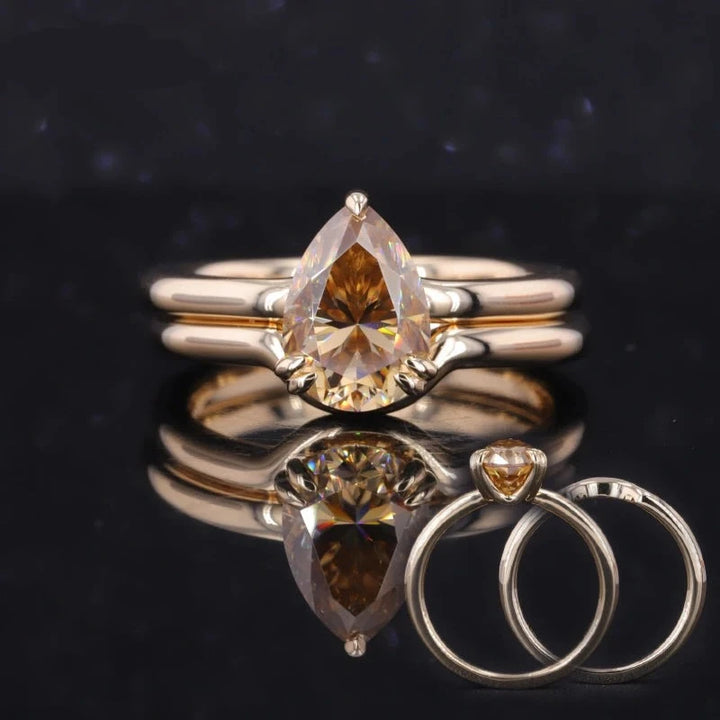 7*10mm Pear Cut Champagne Double-Band Ring in 14K Solid Yellow Gold