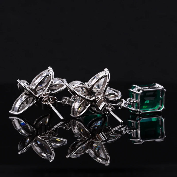 5x7mm, 1.00ct Each Lab-Grown Zambian Emerald Dangle Earrings with Marquise Diamond Flower in 14K White Gold