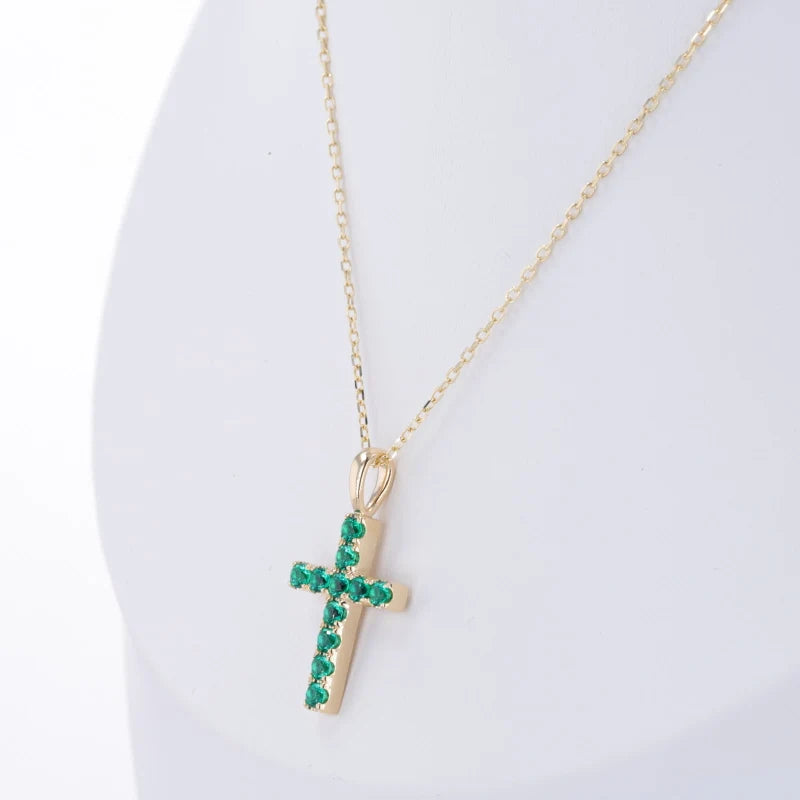 2mm, 0.80ctw Lab-Grown Colombian Emerald Cross Pendant Necklace in 14K Yellow Gold
