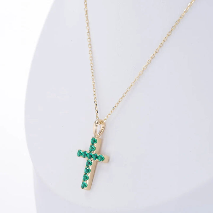 2mm, 0.80ctw Lab-Grown Colombian Emerald Cross Pendant Necklace in 14K Yellow Gold