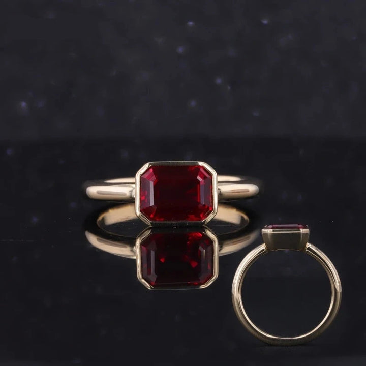 8x6mm, 2.00ct Emerald Lab-Grown Red Ruby Bezel-Set Ring in 14K Yellow Gold