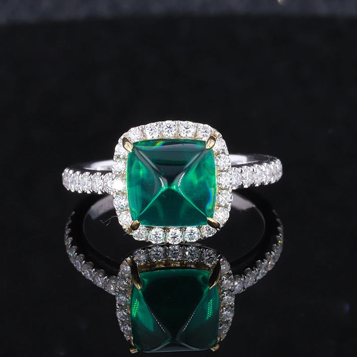 8x8mm, 2.50ct Sugar-loaf Lab-Grown Colombian Emerald with Diamond Halo/Band Ring in 14K White Gold