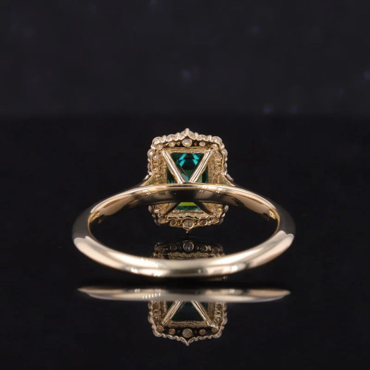 5x7mm, 1.00ct Emerald Cut Green Moissanite with Diamond Halo Ring in 14K Solid Yellow Gold