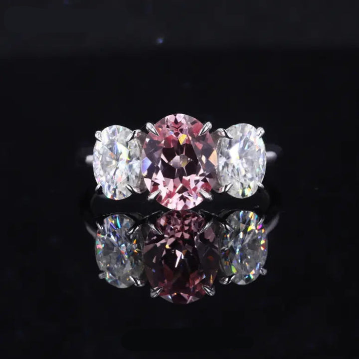 7x9mm, 2.50ct Oval Lab-Grown Sakura Pink Sapphire with Diamonds Three-Stone Ring in 14K White Gold