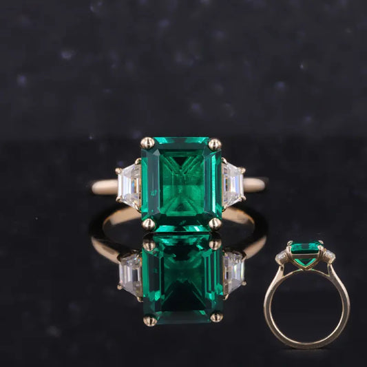 8x10mm, 3.00ct Emerald Cut Zambian Emerald Three Stone Ring with Diamonds in 14K Solid Yellow Gold