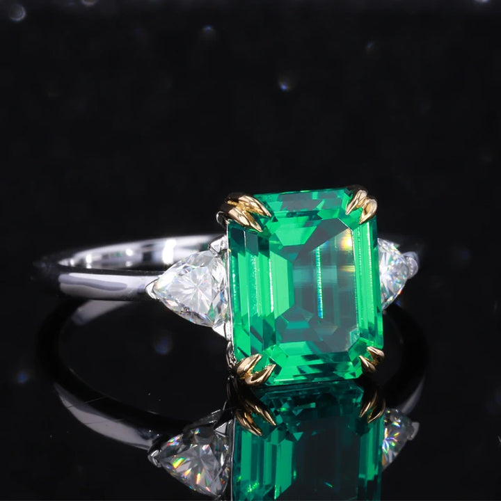 8x10mm, 3.00ct Lab-Grown Colombian Emerald with Moissanites Three-Stone Ring in 18K White Gold
