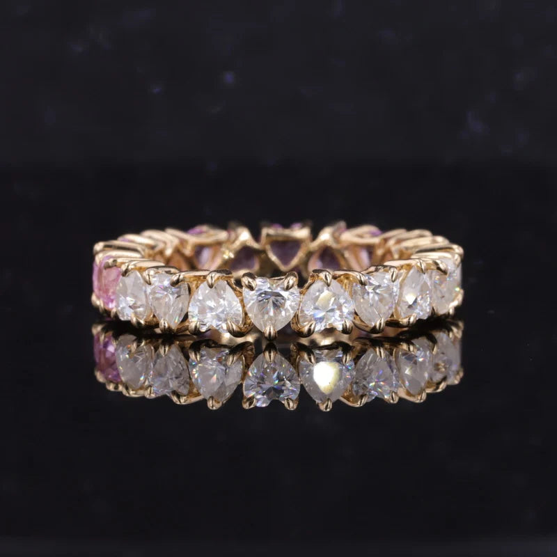 3.5mm Heart Cut Half Sakura Pink Sapphire and Half White Moissanite Eternity Ring in 14K Solid Yellow Gold