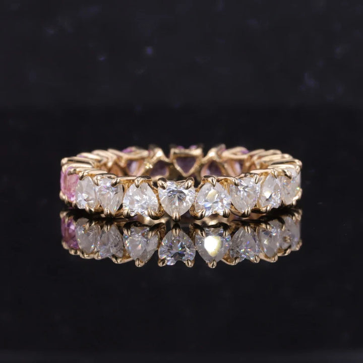 3.5mm, 4.40ctw Heart Lab-Grown Sakura Pink Sapphire & Diamond Eternity Band Ring in 14K Yellow Gold