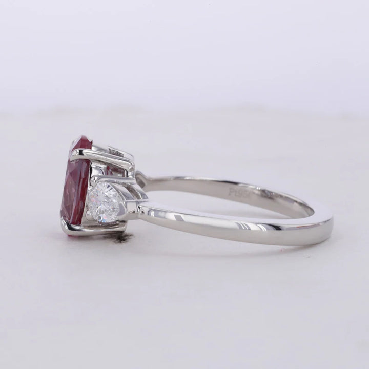 8*10mm Oval Cut Alexandrite with Pear Cut Diamond Three Stone Ring in Solid Platinum 950