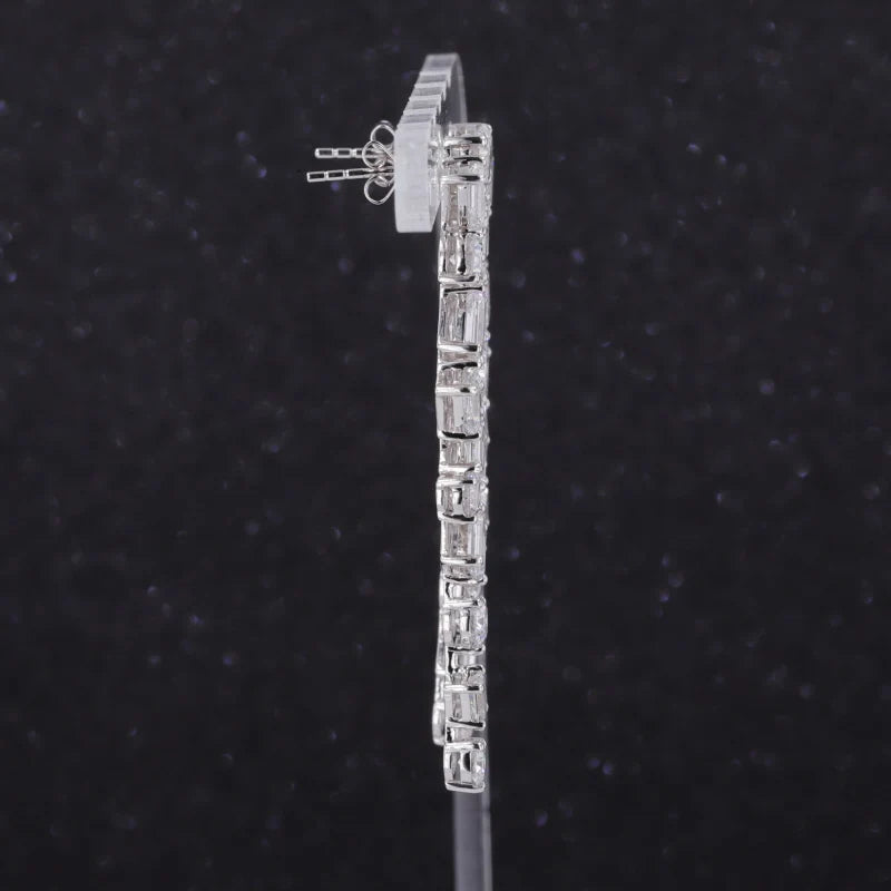 Round and Emerald Cut Cluster Moissanite Dangle Earrings in 18K Solid White Gold