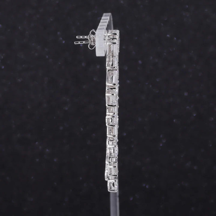 Round and Emerald Cut Cluster Moissanite Dangle Earrings in 18K Solid White Gold