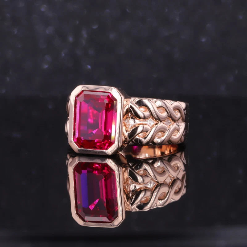 8*10mm Emerald Cut Red Ruby Bezel Set Ring in 10K Solid Rose Gold
