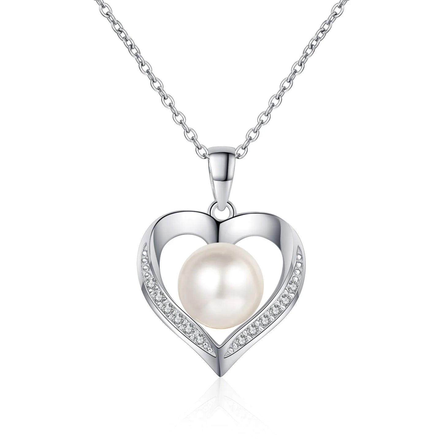 8mm Pearl and Moissanite Heart Pendant Necklace in Platinum Plated 925 Silver