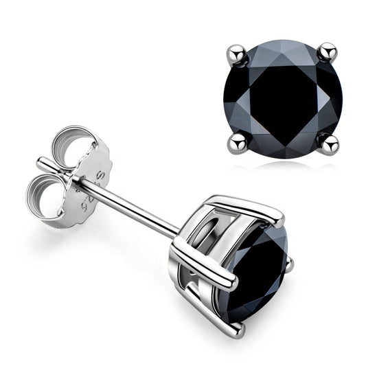 Round Black Moissanite Earrings in Platinum-Plated 925 Sterling Silver
