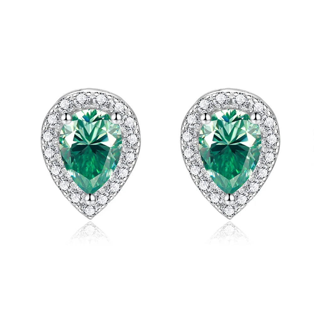 Pear Cut Colored Stud Halo Moissanite Earrings in Platinum-Plated 925 Sterling Silver