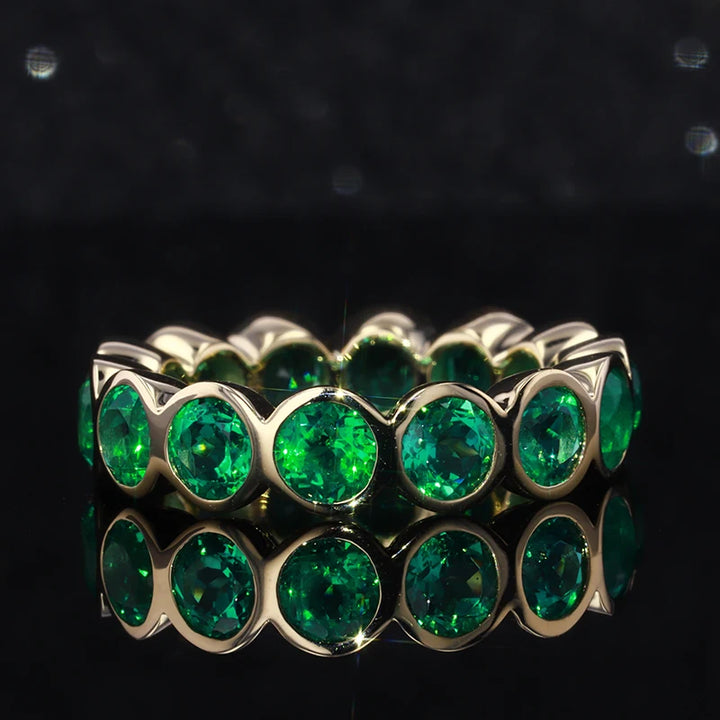 3mm, 1.50ctw Round Lab-Grown Colombian Emerald Bezel-Set Eternity Band Ring in 14K Yellow Gold