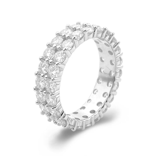 Round Moissanite Men's Tennis Ring with Double Rows of Sparkling Stones in White Gold-Plated 925 Silver