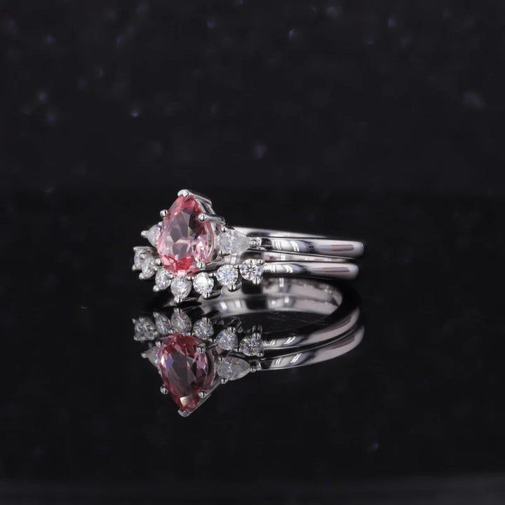 5x7mm, 0.85ct Pear Lab-Grown Pink Sapphire with Pear Diamond Three-Stone Ring with Stacking Diamond Ring in 14K White Gold