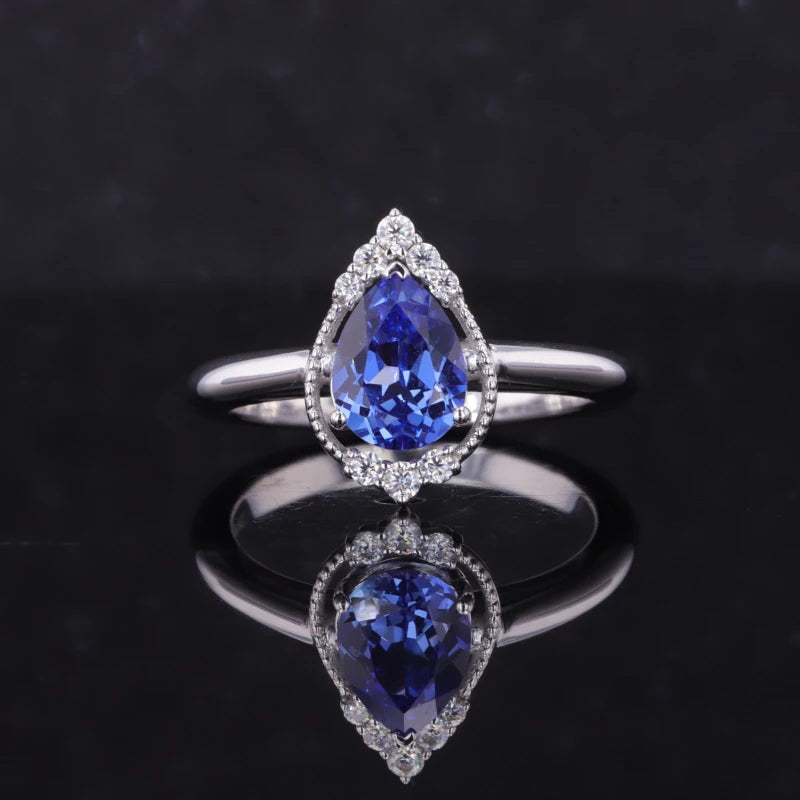 6*8mm Pear Cut Blue Sapphire with Moissanite Halo Ring in 10K Solid White Gold