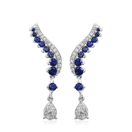 Blue and White Sapphire Wing Design Dangle Earrings in Platinum-Plated 925 Sterling Silver