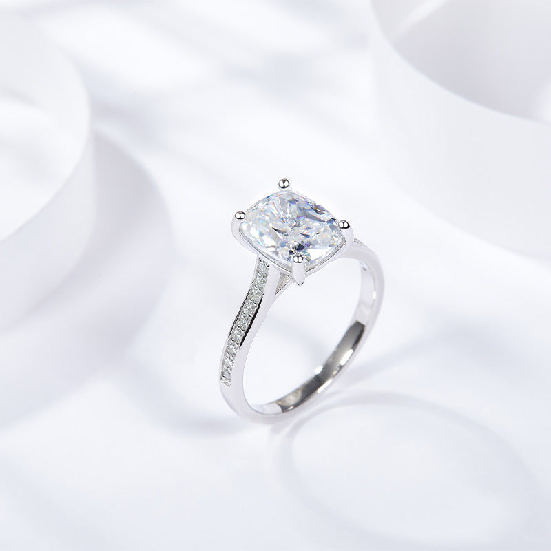 Elongated Cushion Moissanite Ring with Accent in White Gold-Plated 925 Silver