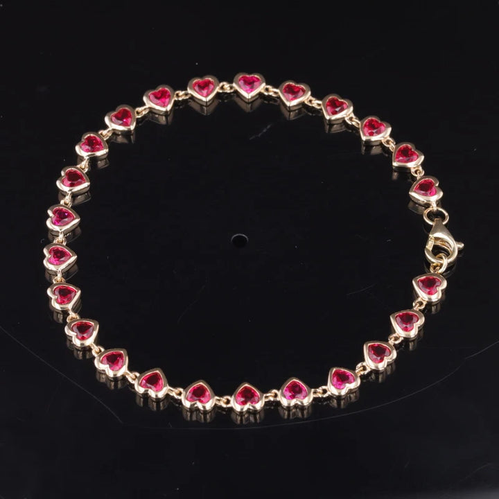 3mm, 7.92ctw Heart Lab-Grown Ruby Bezel-Set Bracelet in Yellow Gold