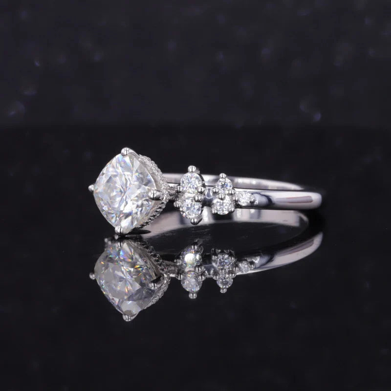 6.5mm Cushion Cut with Round Cut Moissanite Ring in Platinum 950