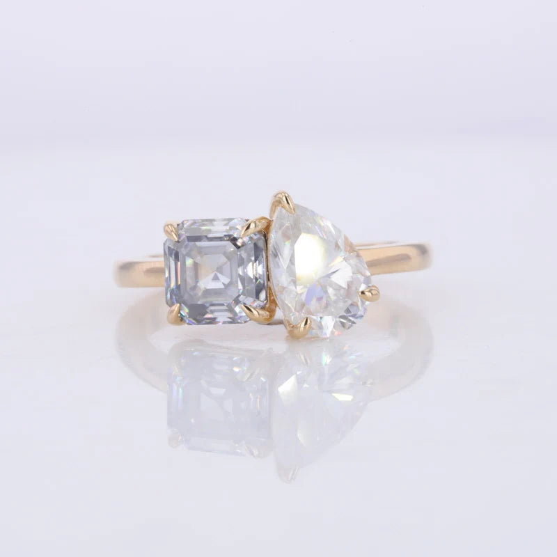 6*9mm Pear and 6.5mm Grey Asscher Cut Moissanite Toi Et Moi Ring in 10K Solid Yellow Gold
