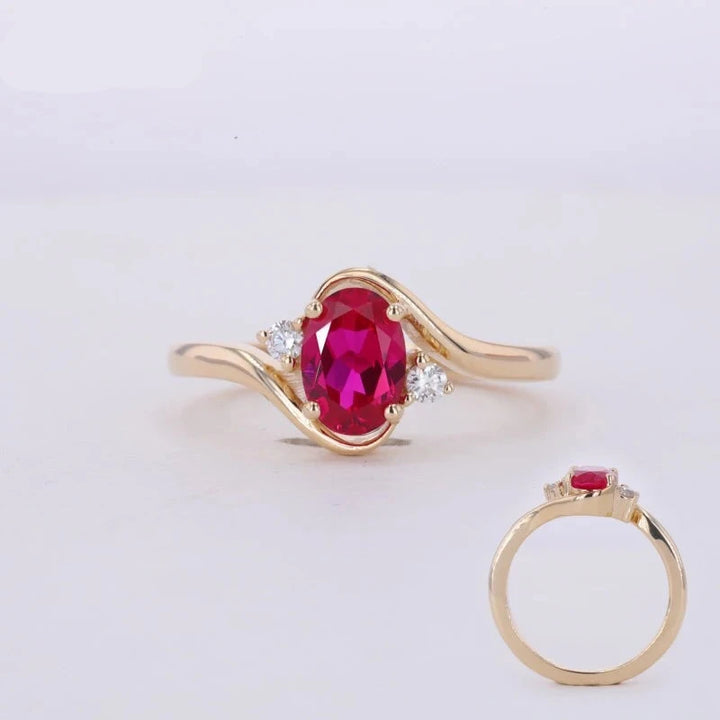 5*7mm Oval Cut Red Ruby with Diamond Twisted Band Ring in 10K Solid Yellow Gold